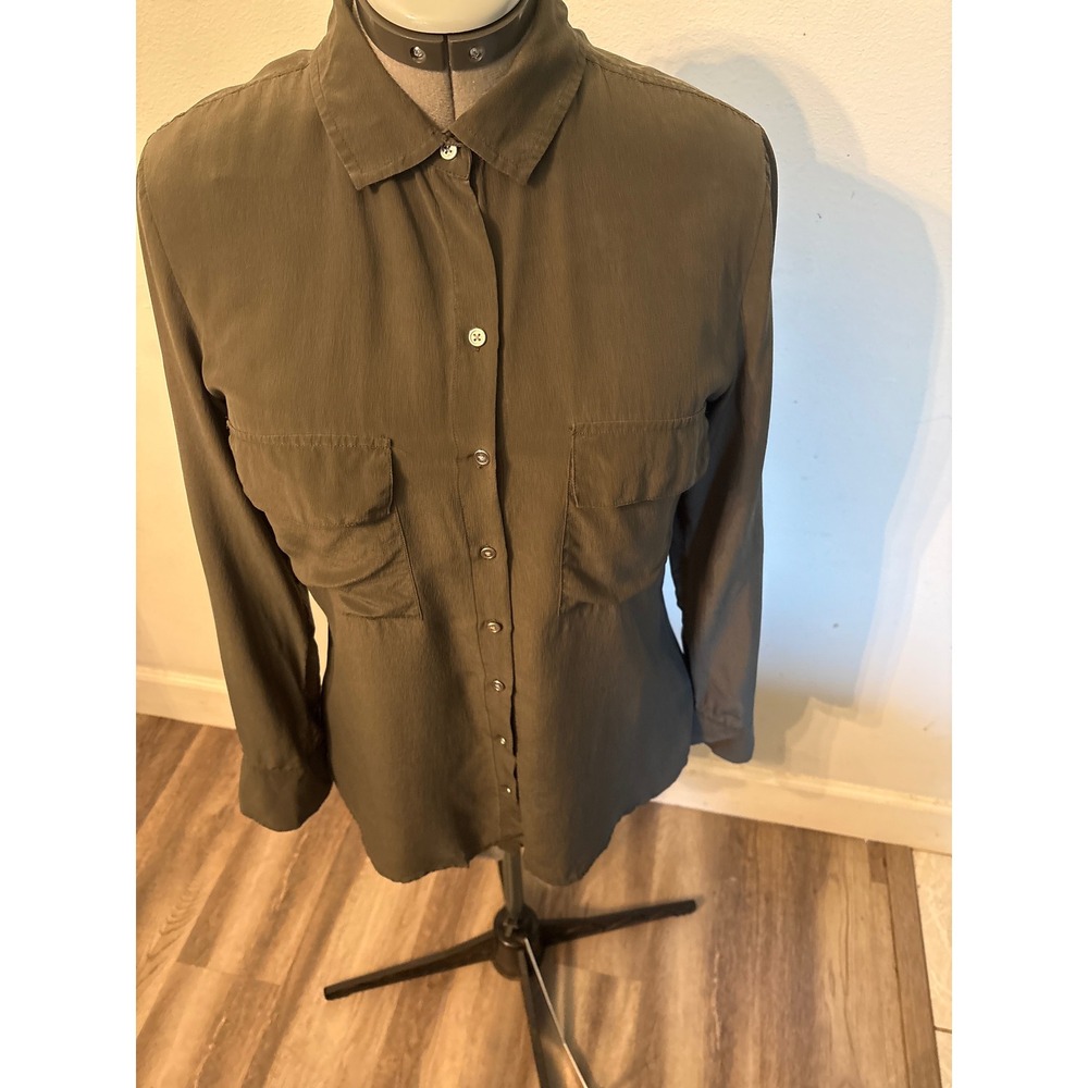 Express Olive Green Button Down Shirt Long Sleeve Roll Tab Pocket Top Medium